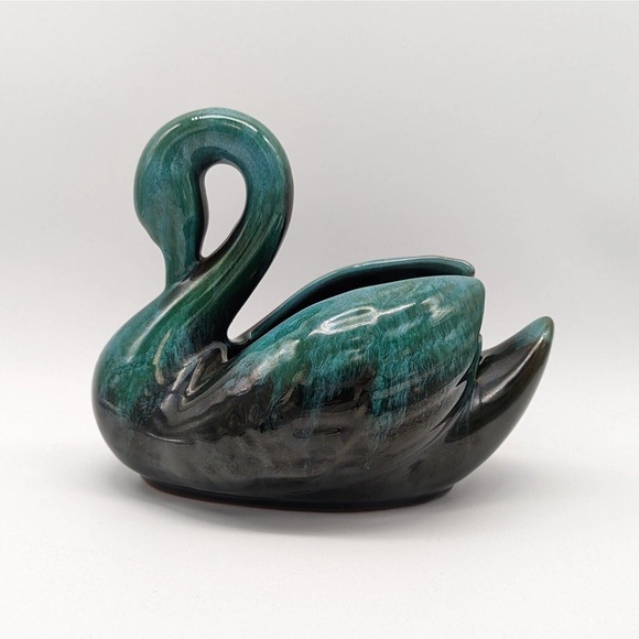 Blue Mountain Pottery Swan Planter Drip Glaze Blue Green Black Redware Vintage - Picture 2 of 12